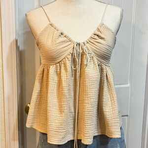 Cream Textured Spaghetti Strap Tie-Front Babydoll Camisole